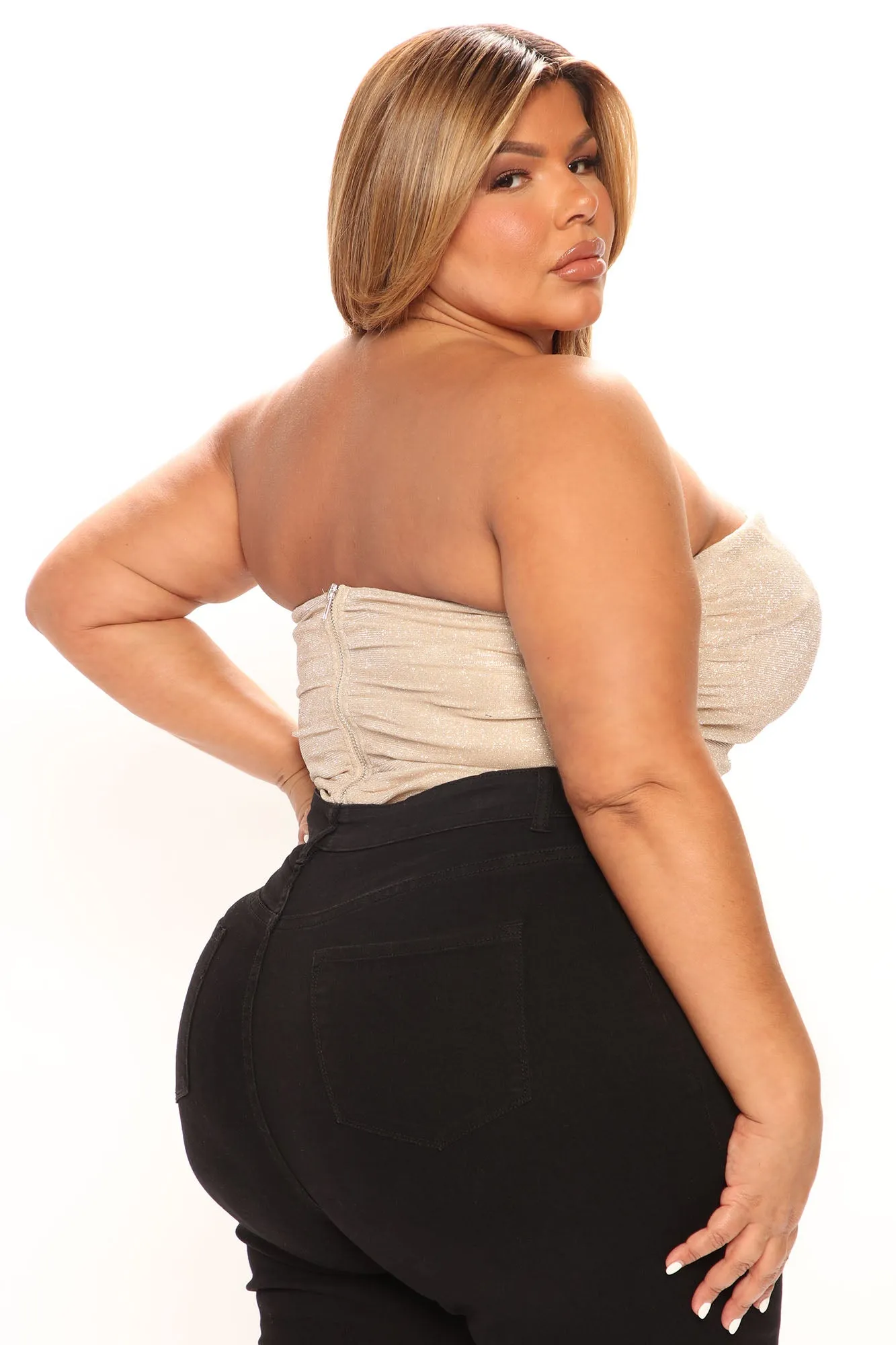 Baddie Metallic Ruched Bodysuit - Gold