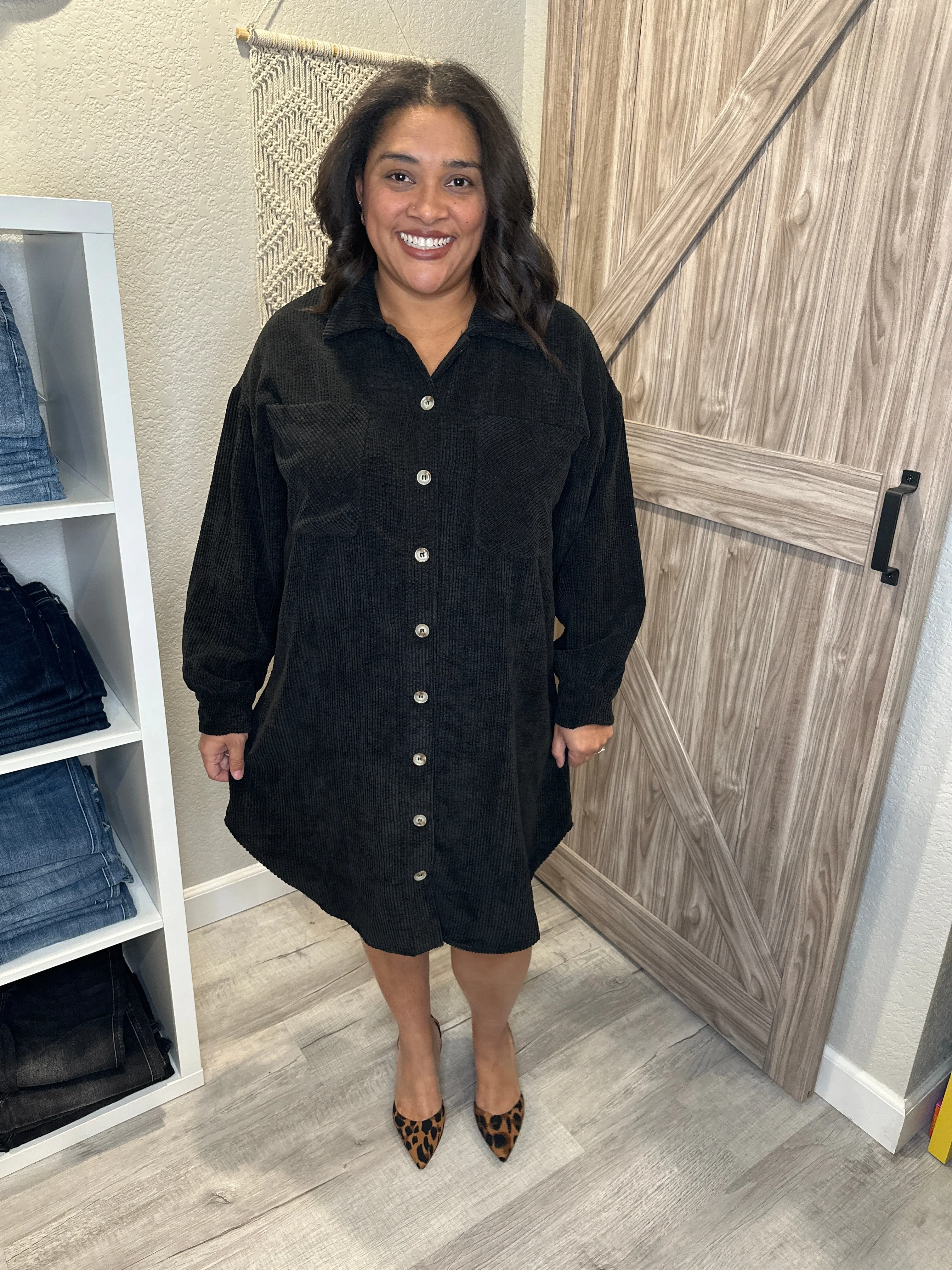 Black Corduroy Relaxed Fit Button Up Shirt Dress