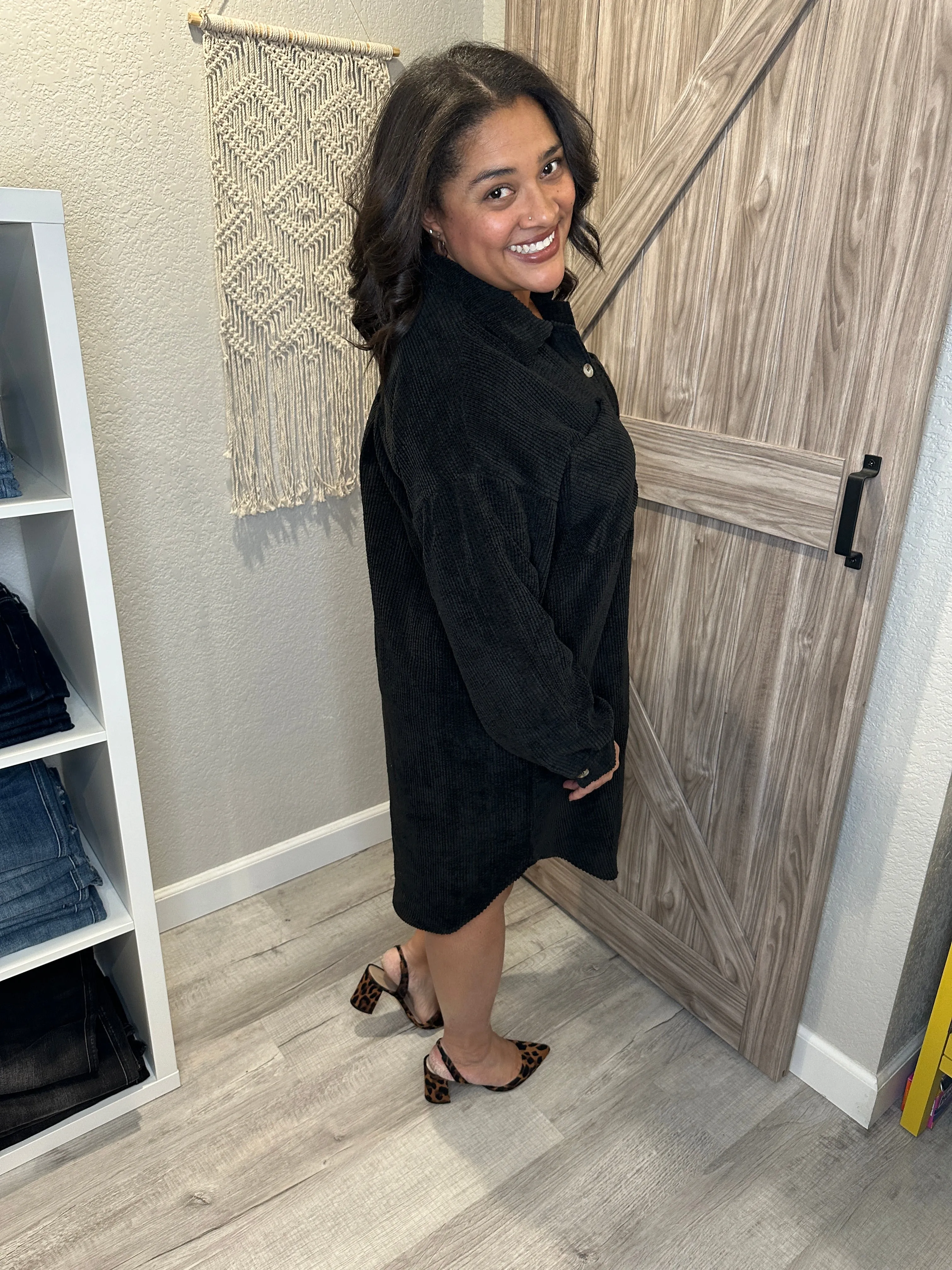 Black Corduroy Relaxed Fit Button Up Shirt Dress