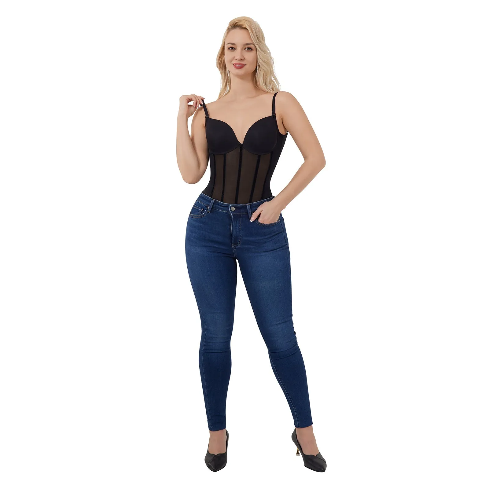 Black Plunge Backless Bodysuit Shaper With Built-In Bra And Velvet Boned Corset