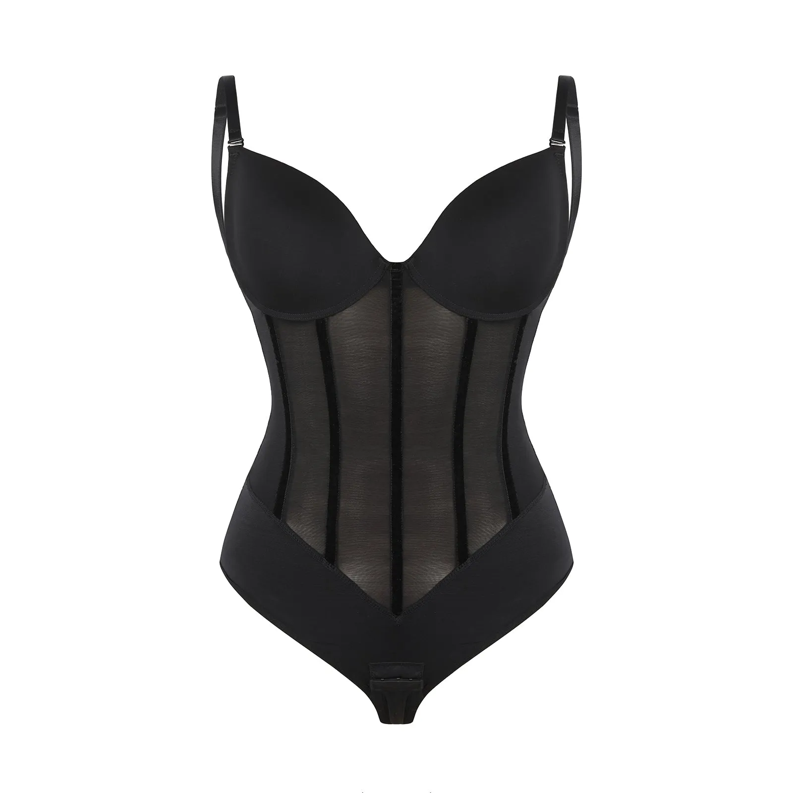 Black Plunge Backless Bodysuit Shaper With Built-In Bra And Velvet Boned Corset