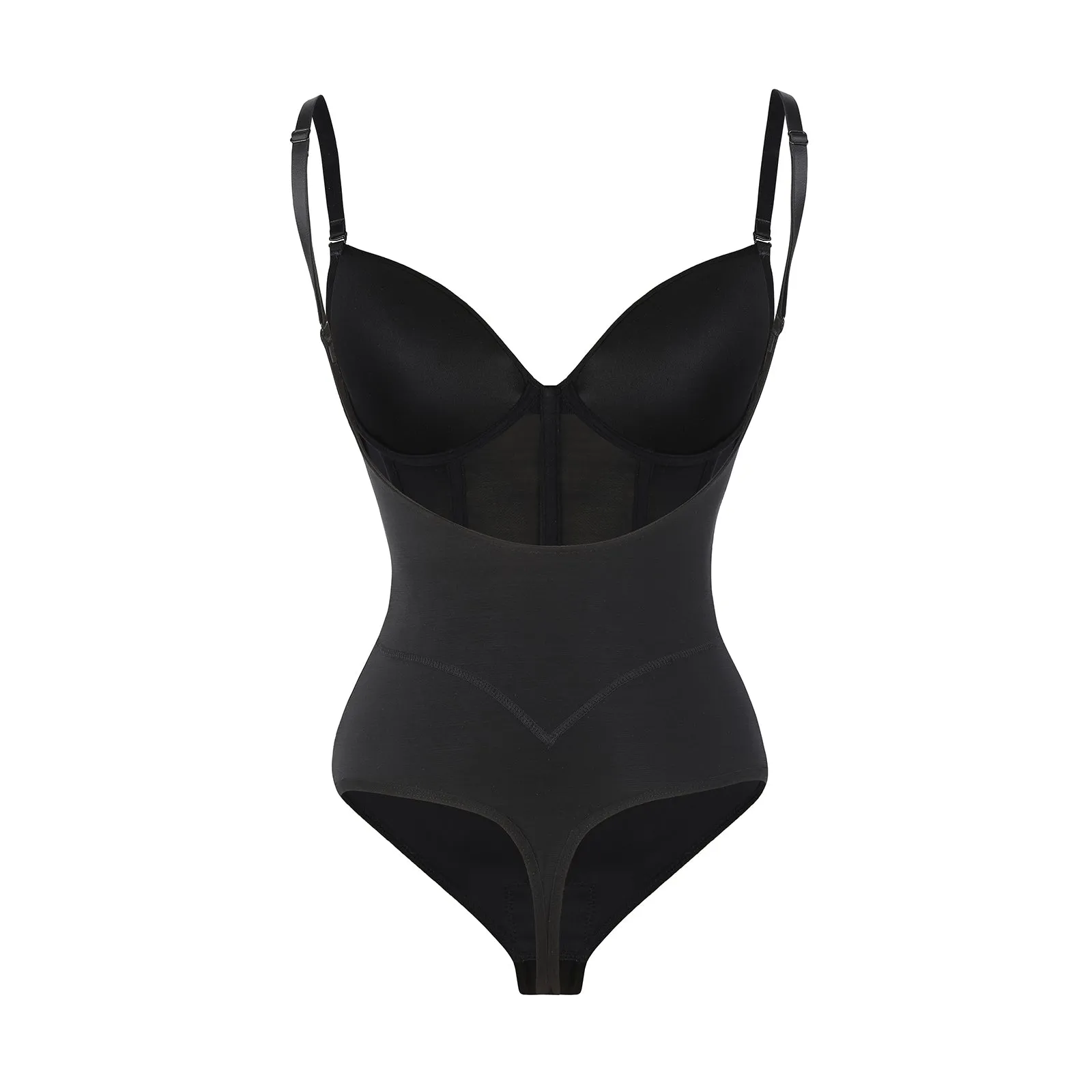 Black Plunge Backless Bodysuit Shaper With Built-In Bra And Velvet Boned Corset
