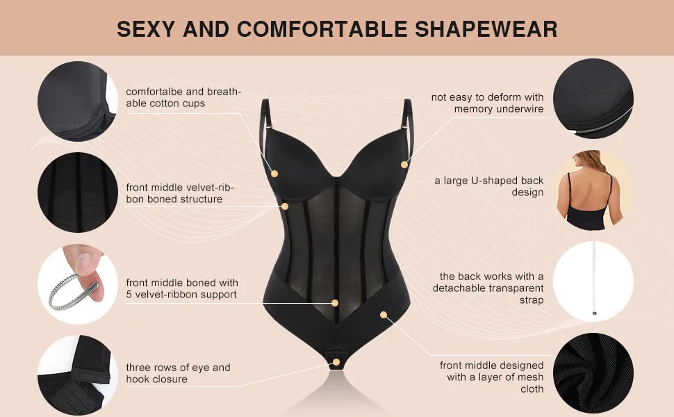 Black Plunge Backless Bodysuit Shaper With Built-In Bra And Velvet Boned Corset