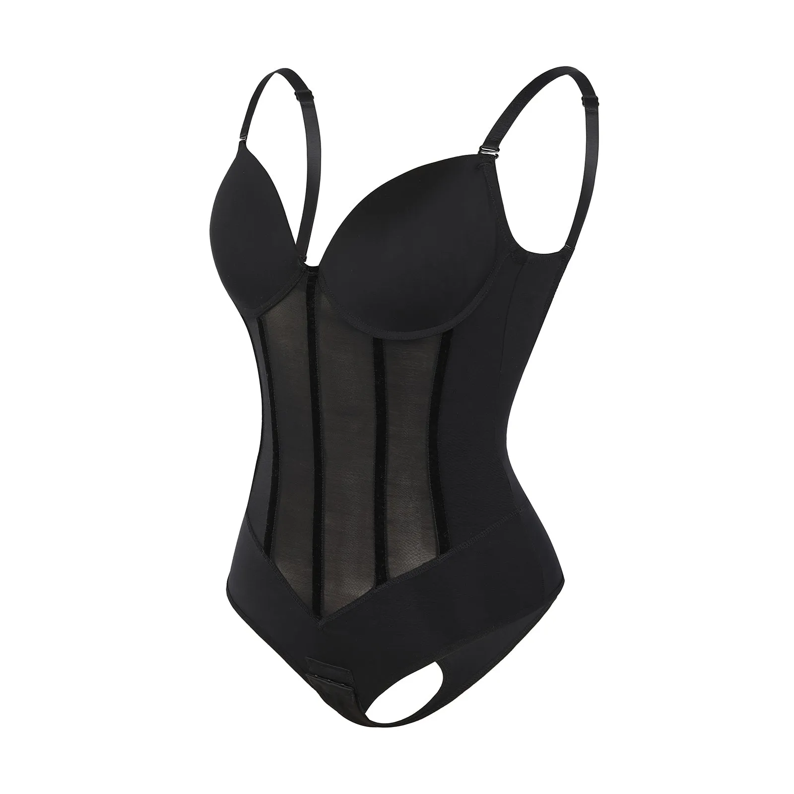 Black Plunge Backless Bodysuit Shaper With Built-In Bra And Velvet Boned Corset