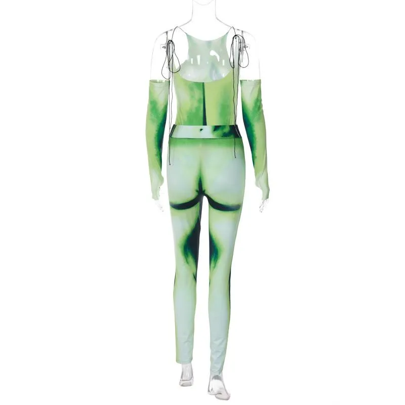 Body pattern contrast gloves self tie backless bodysuit pant set cyberpunk Sci-Fi Fashion