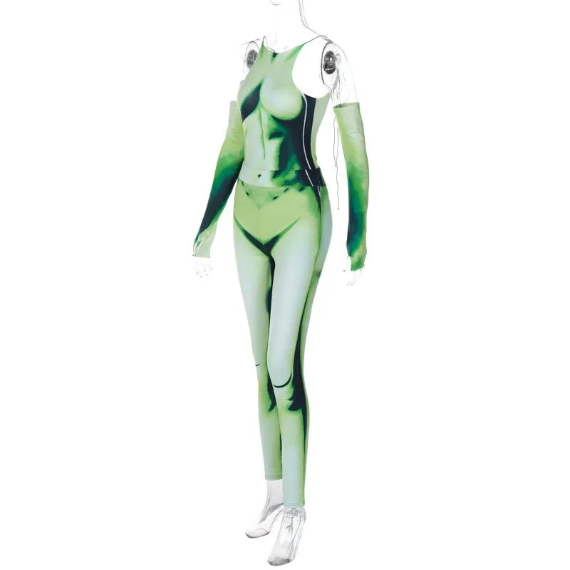 Body pattern contrast gloves self tie backless bodysuit pant set cyberpunk Sci-Fi Fashion