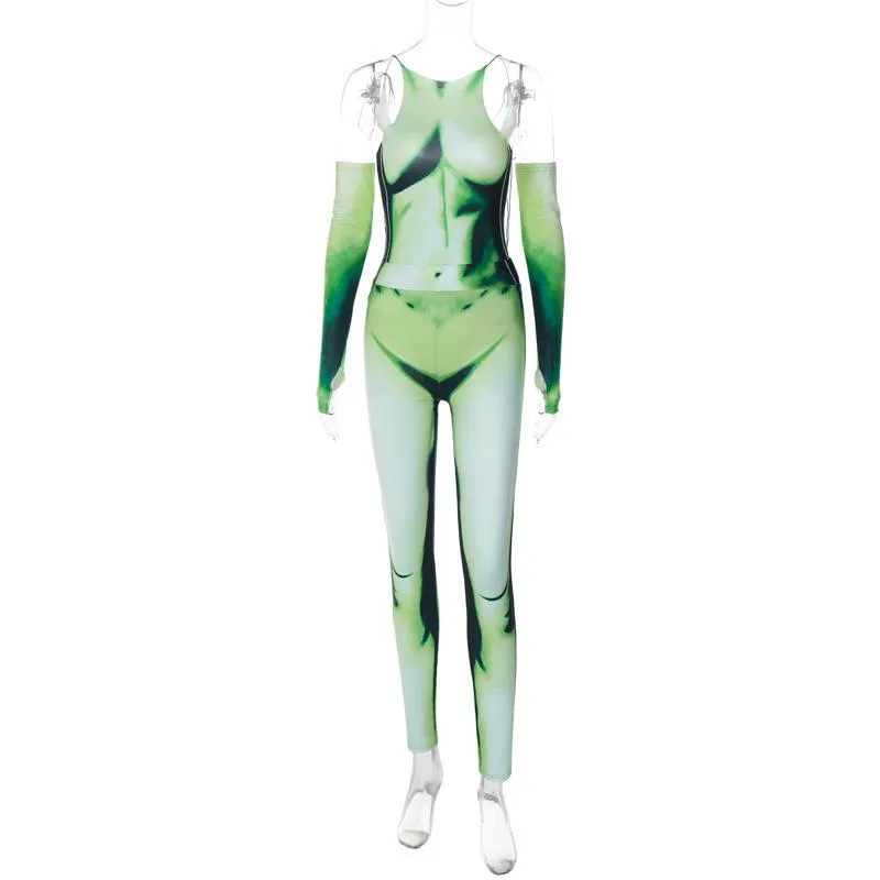 Body pattern contrast gloves self tie backless bodysuit pant set cyberpunk Sci-Fi Fashion