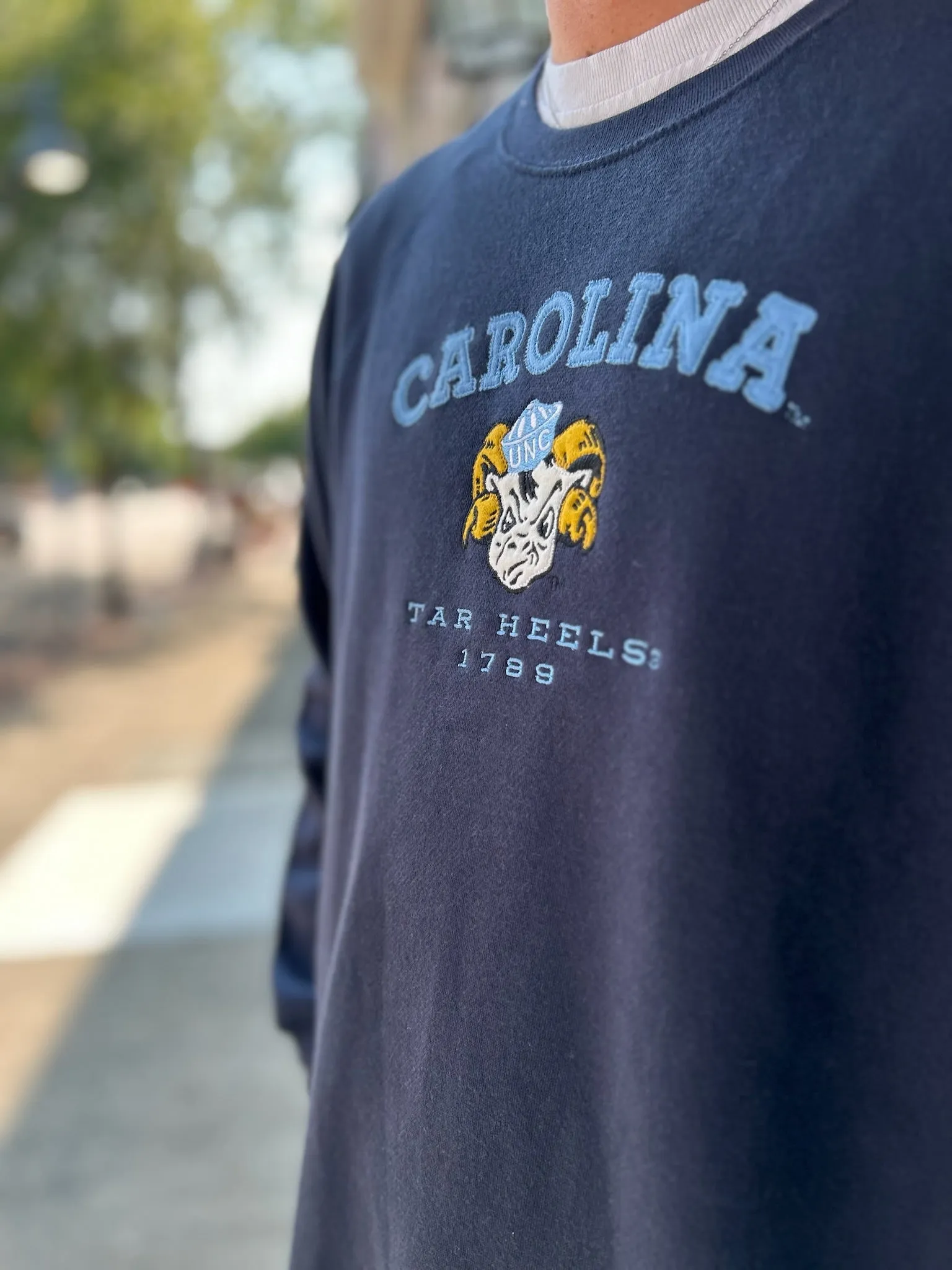 Carolina Tar Heels Vintage Navy Embroidered Crewneck Sweatshirt Benchmark