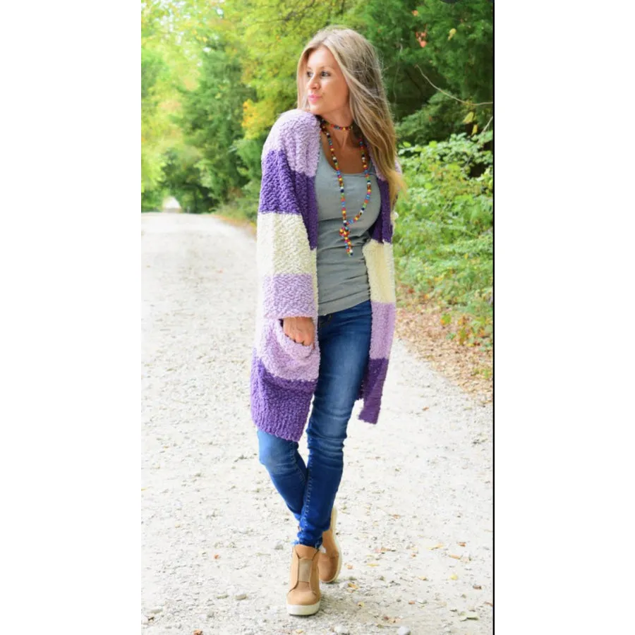 Colour Block Balloon Sleeve Popcorn Cardigan with Pockets
