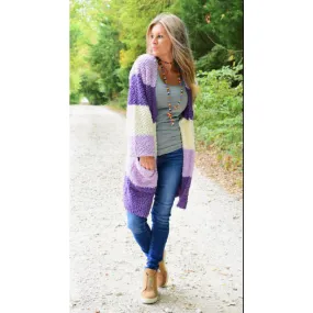 Colour Block Balloon Sleeve Popcorn Cardigan with Pockets