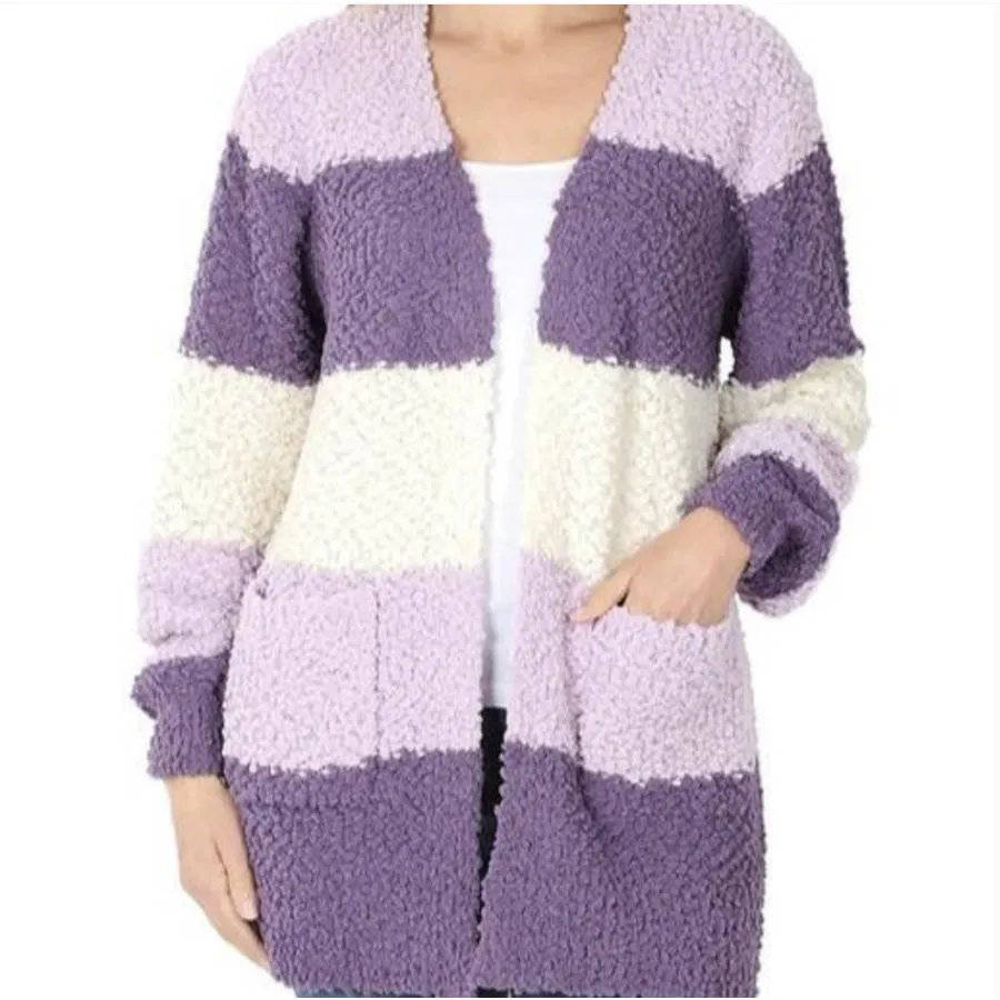 Colour Block Balloon Sleeve Popcorn Cardigan with Pockets