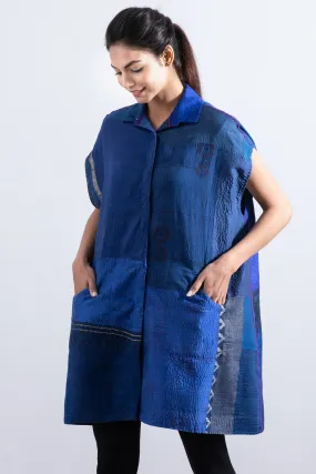 COTTON SILK SW PATCH KANTHA SHIRT DRESS - ws2426-blu -