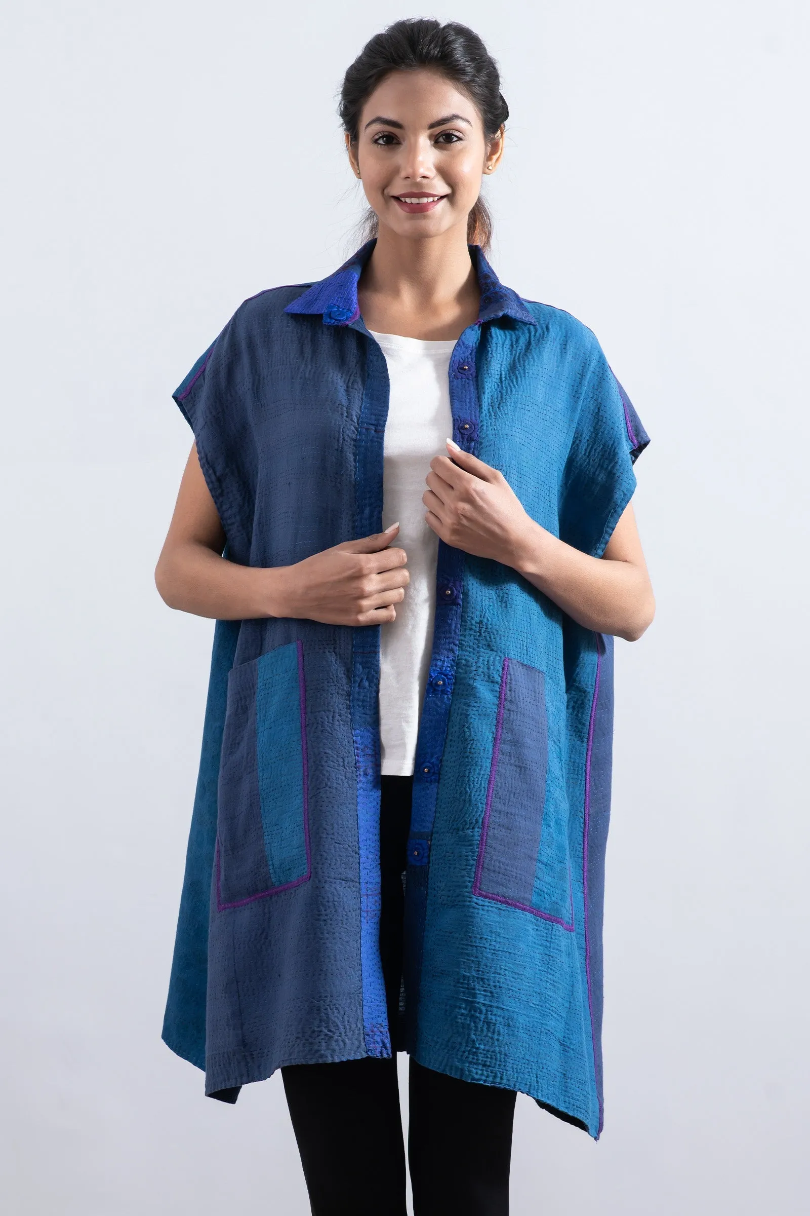 COTTON SILK SW PATCH KANTHA SHIRT DRESS - ws2426-blu -