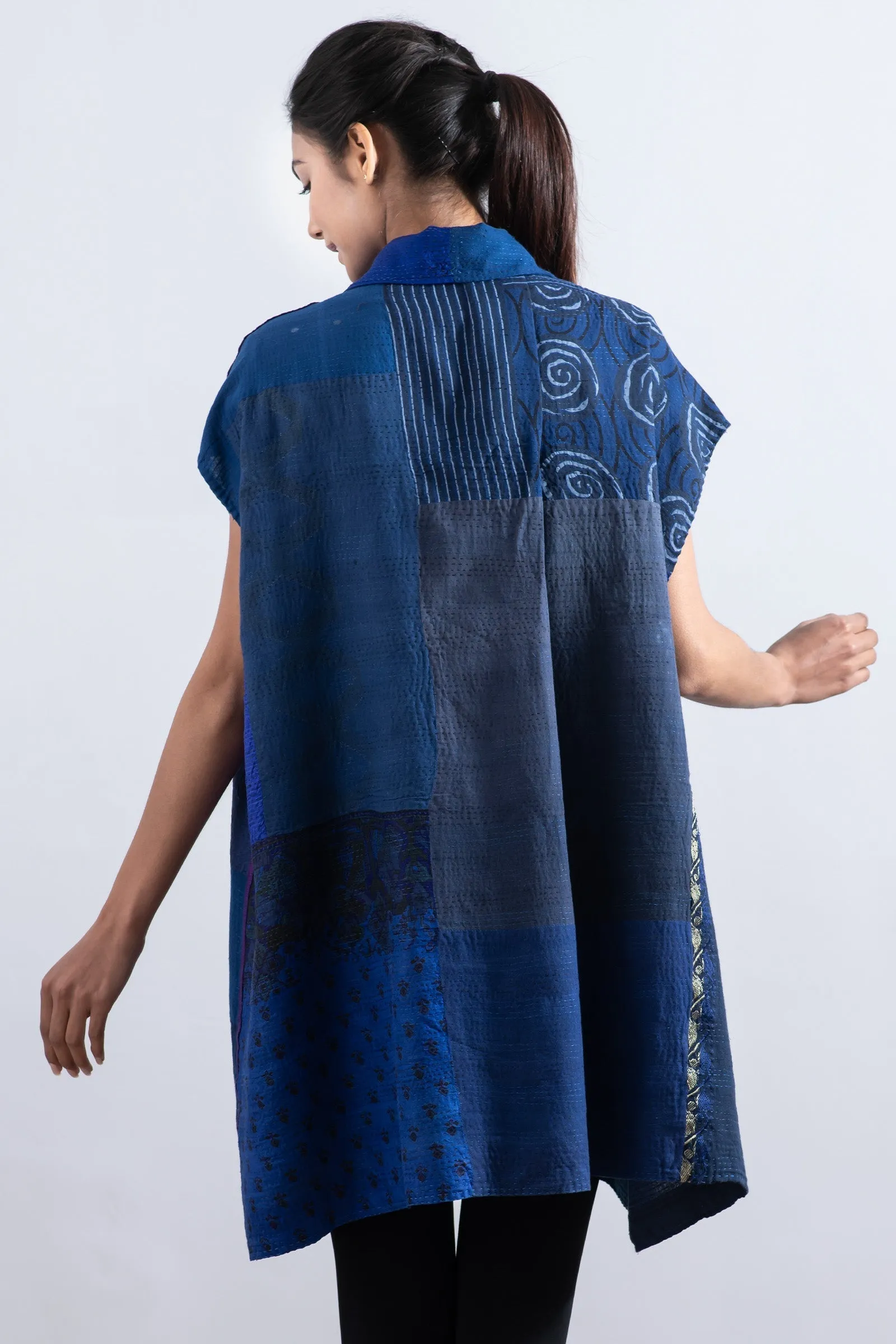 COTTON SILK SW PATCH KANTHA SHIRT DRESS - ws2426-blu -