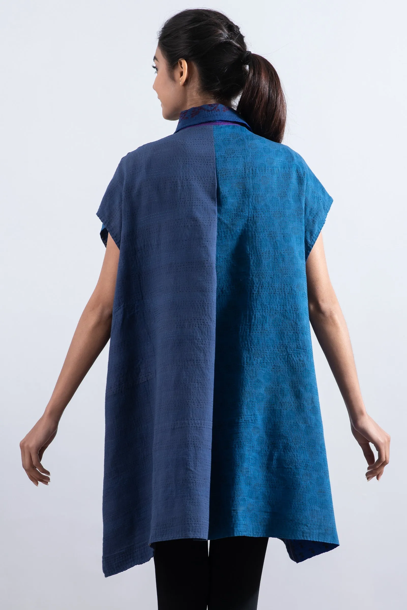COTTON SILK SW PATCH KANTHA SHIRT DRESS - ws2426-blu -