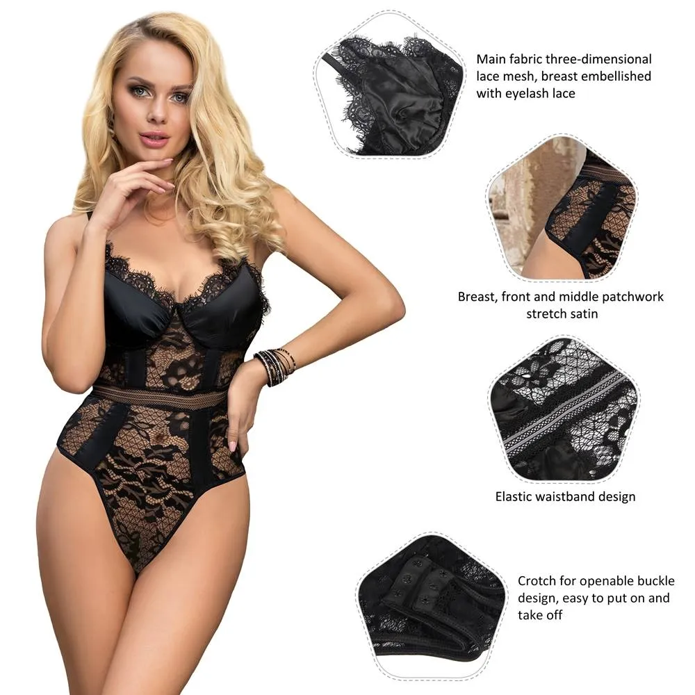 Crotch Open Egypt Lace High Quality Eyelash Lace Splice Sexy Bodysuit With Farawlaya
