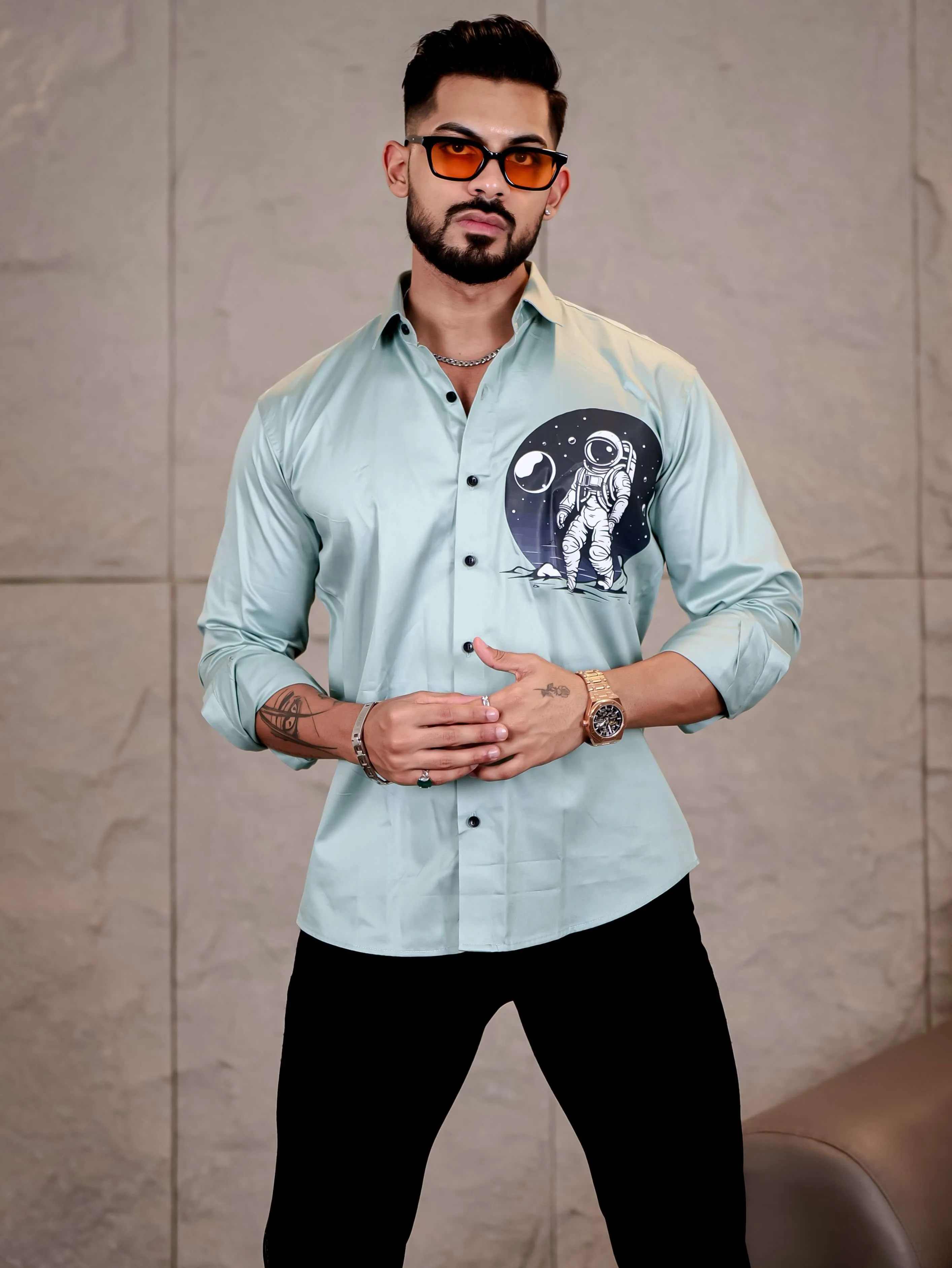 Cyan Club Wear Space Moon Printed Satin Cotton Shirt