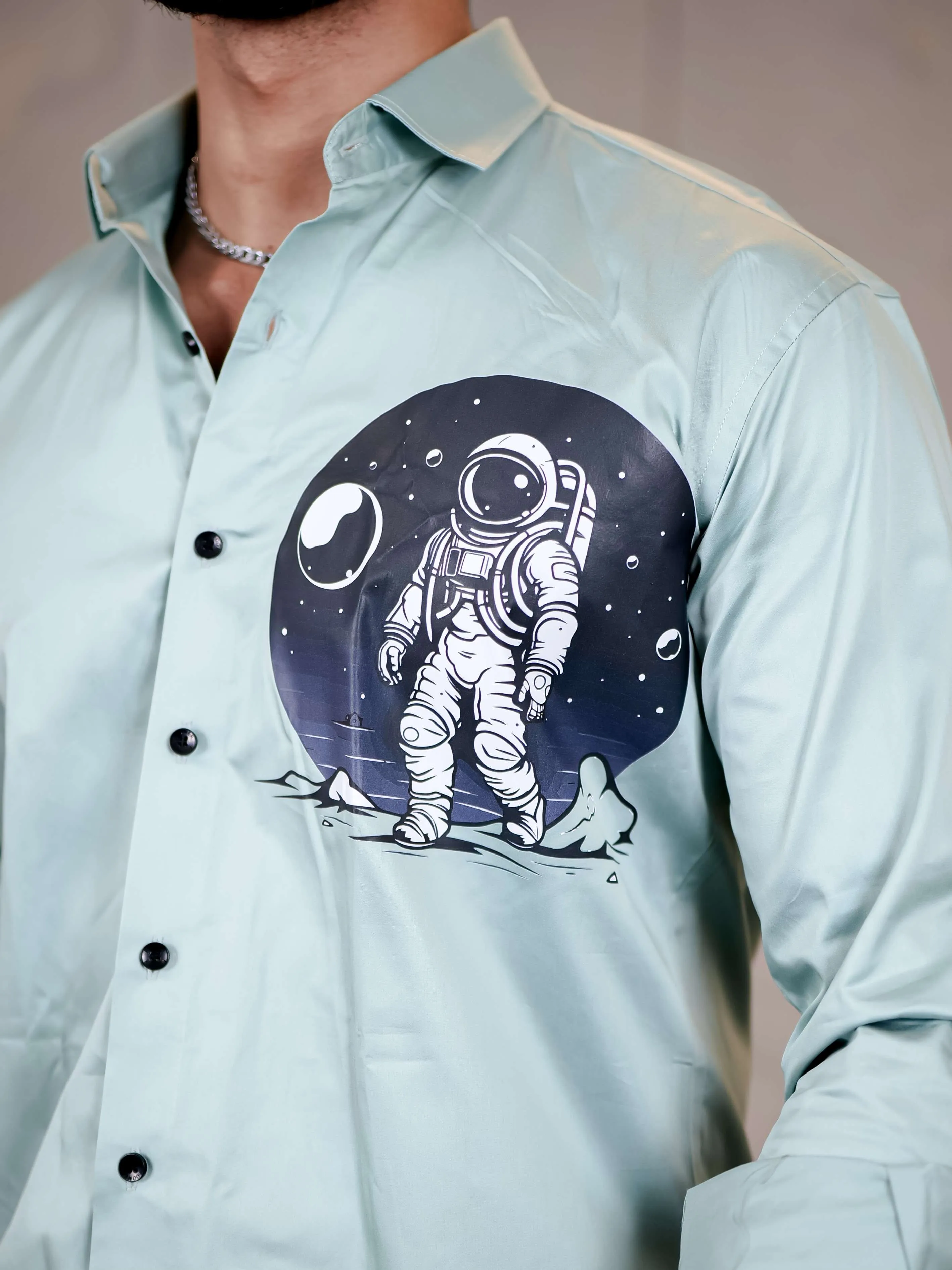 Cyan Club Wear Space Moon Printed Satin Cotton Shirt