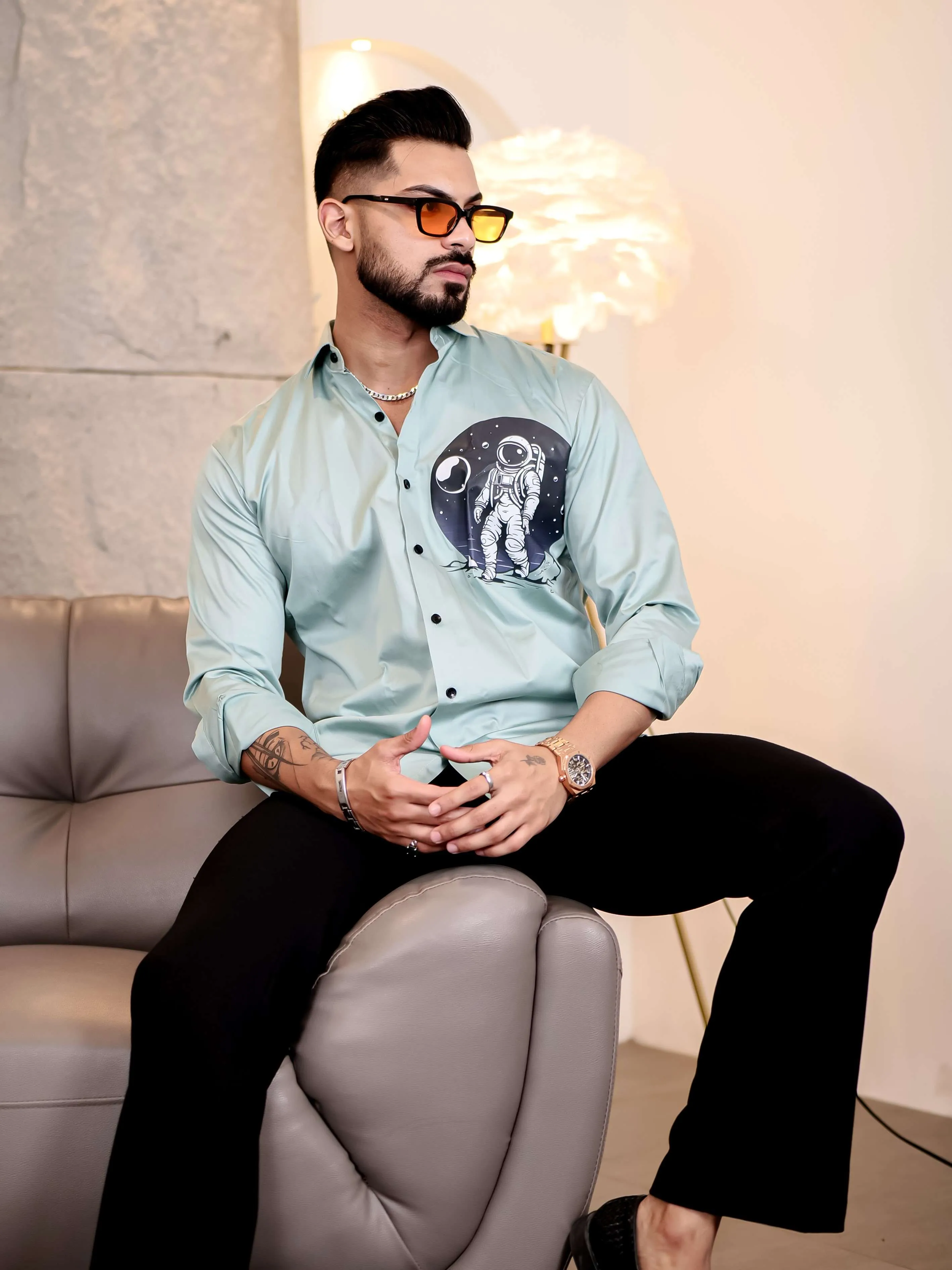 Cyan Club Wear Space Moon Printed Satin Cotton Shirt