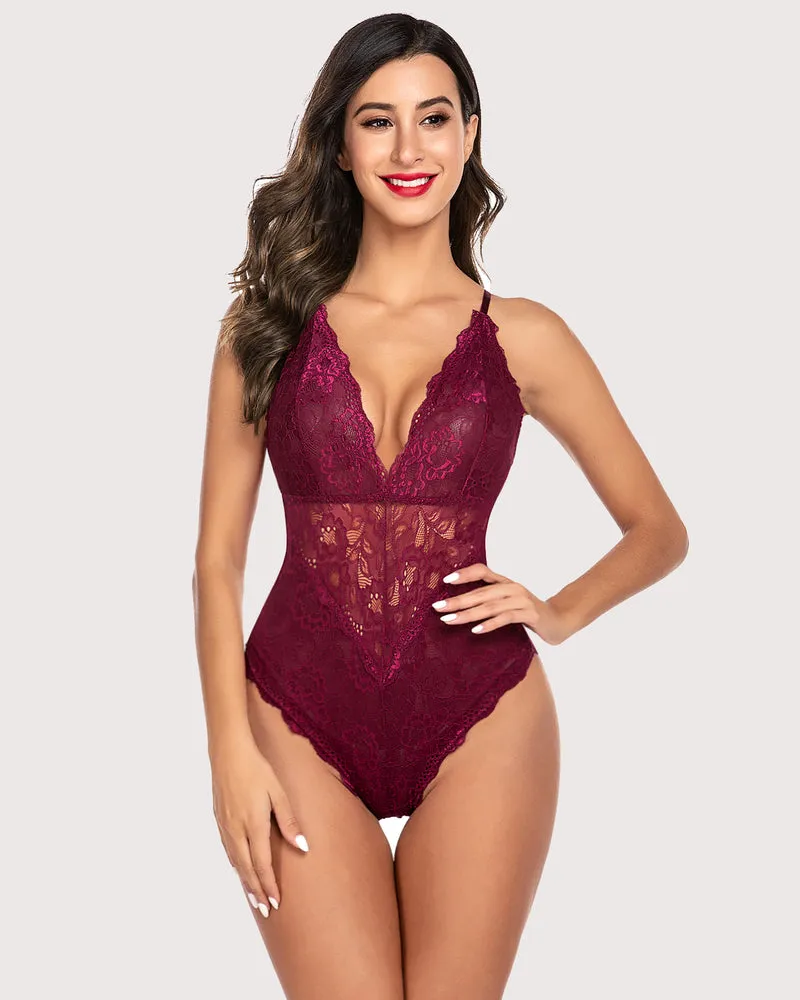 Deep V Teddy Snap Crotch Lace Bodysuit