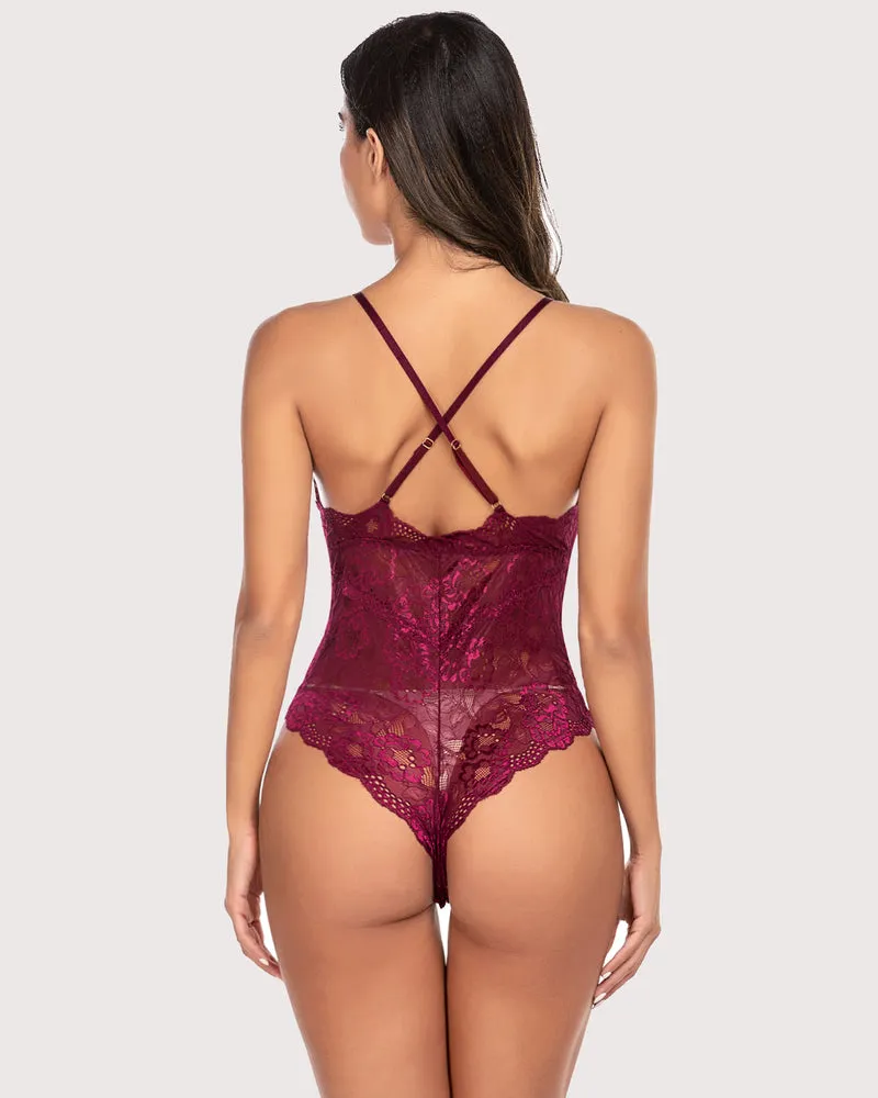 Deep V Teddy Snap Crotch Lace Bodysuit