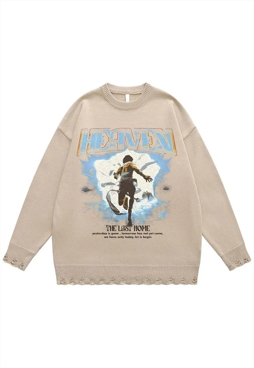 Fighter print sweater grunge knit distressed jumper in black