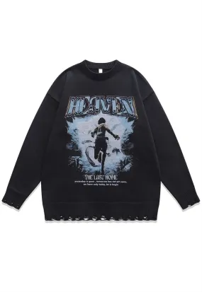 Fighter print sweater grunge knit distressed jumper in black