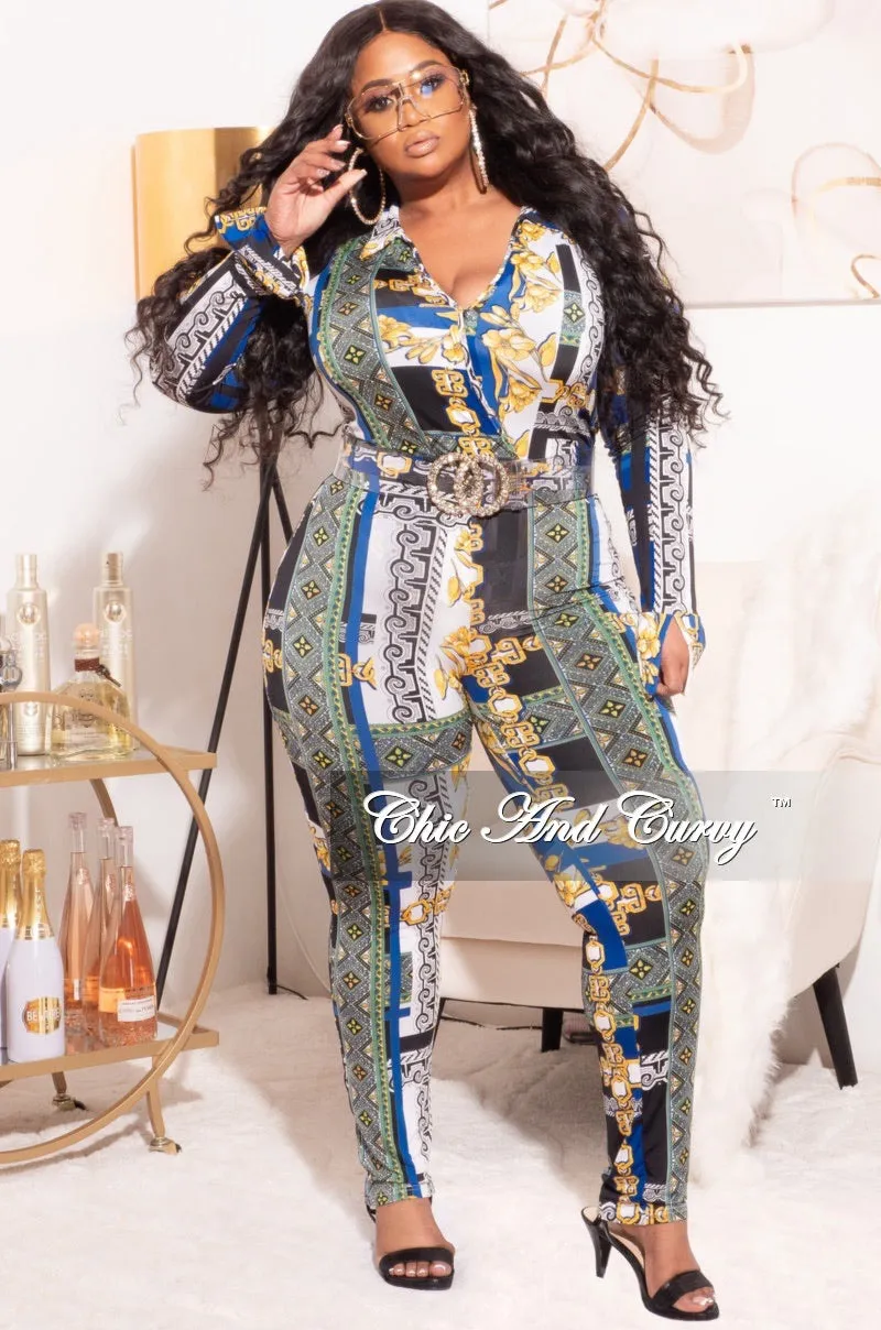 Final Sale Plus Size 2pc (Bodysuit & Pants) Set in Blue Gold Print