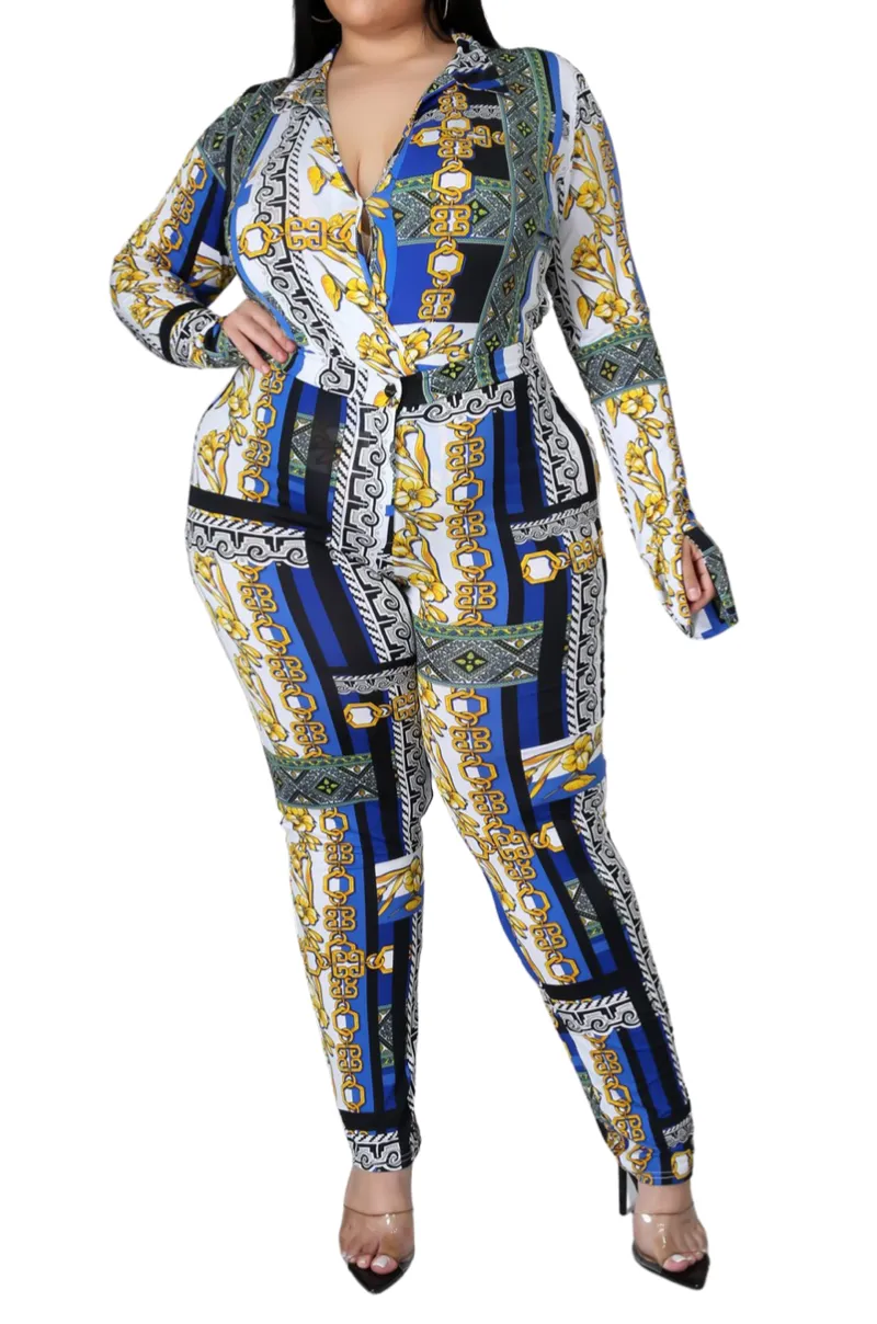Final Sale Plus Size 2pc (Bodysuit & Pants) Set in Blue Gold Print