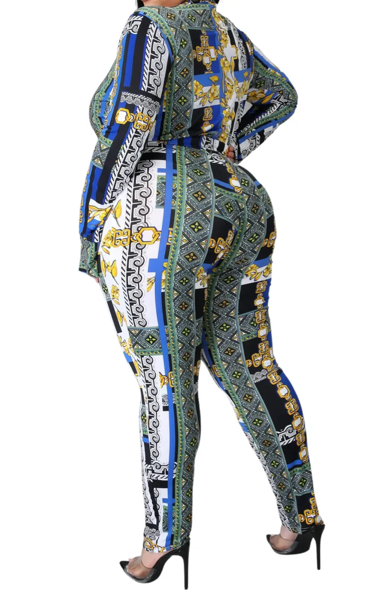 Final Sale Plus Size 2pc (Bodysuit & Pants) Set in Blue Gold Print