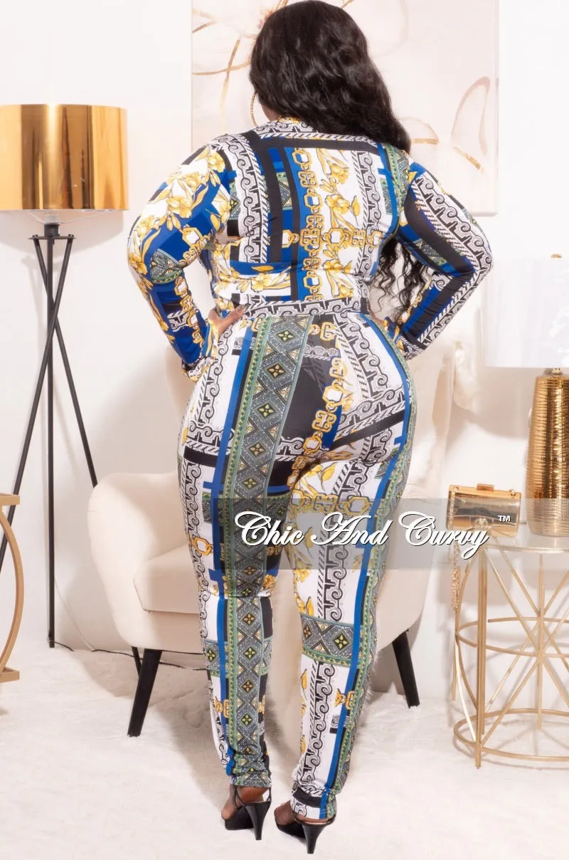 Final Sale Plus Size 2pc (Bodysuit & Pants) Set in Blue Gold Print