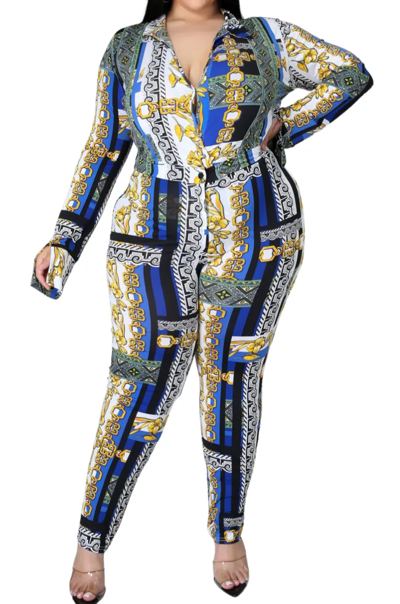 Final Sale Plus Size 2pc (Bodysuit & Pants) Set in Blue Gold Print