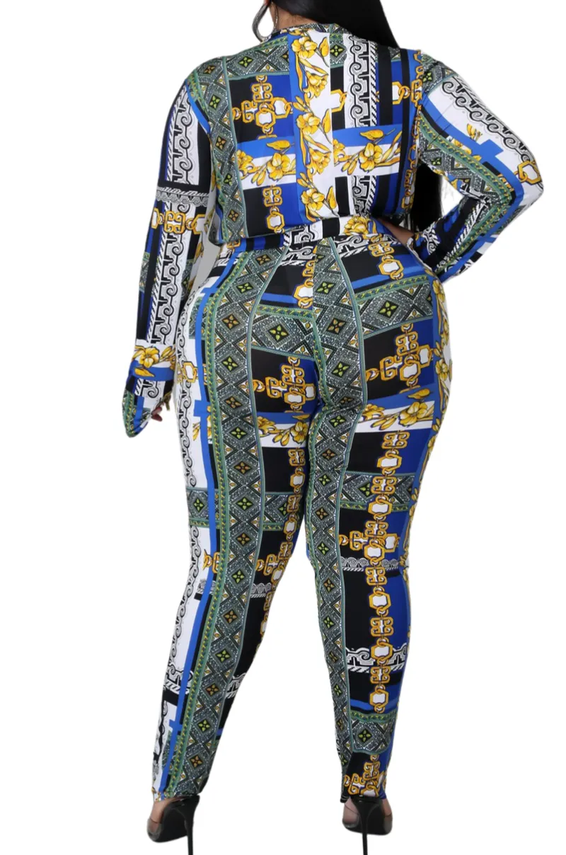 Final Sale Plus Size 2pc (Bodysuit & Pants) Set in Blue Gold Print