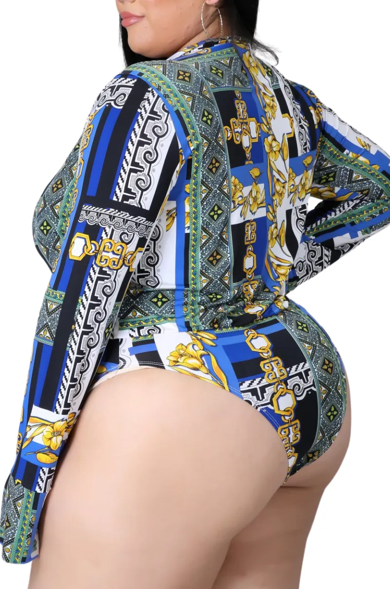 Final Sale Plus Size 2pc (Bodysuit & Pants) Set in Blue Gold Print