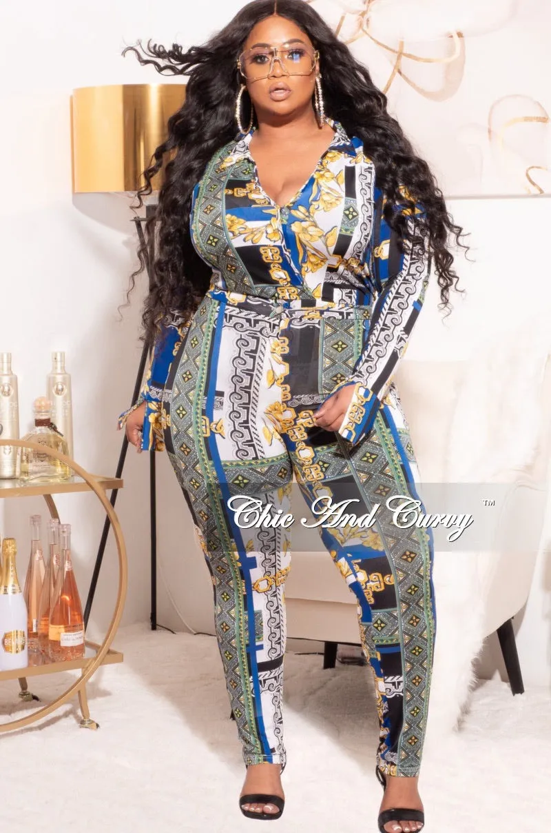 Final Sale Plus Size 2pc (Bodysuit & Pants) Set in Blue Gold Print