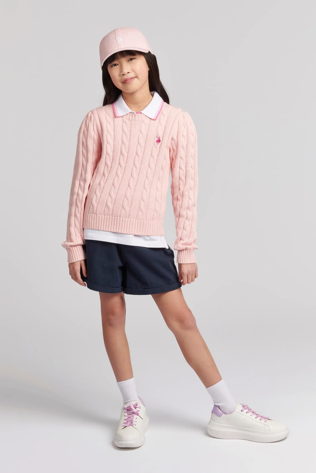 Girls Crew Neck Cable Knit Jumper in Crystal Rose