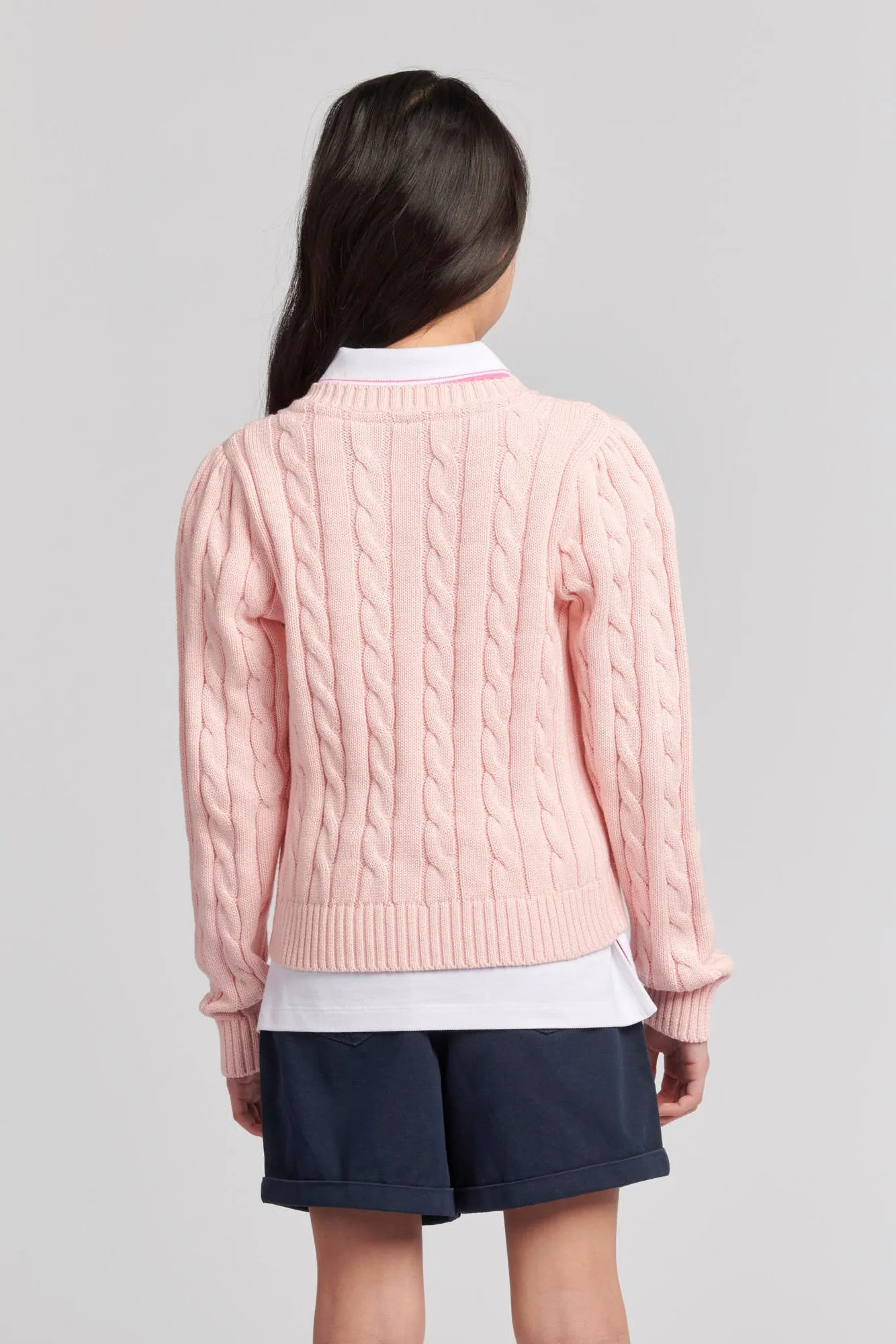 Girls Crew Neck Cable Knit Jumper in Crystal Rose