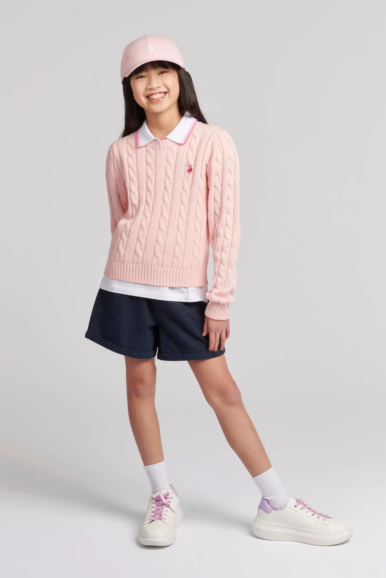 Girls Crew Neck Cable Knit Jumper in Crystal Rose