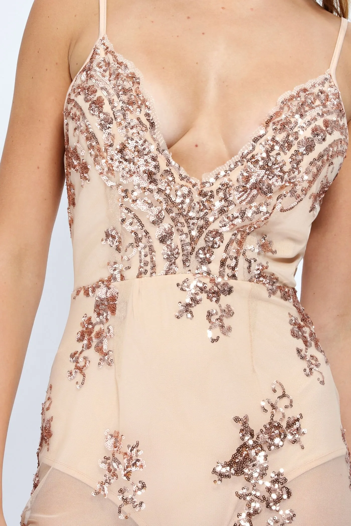 Gold Embellished Mesh Dress With Bodysuit