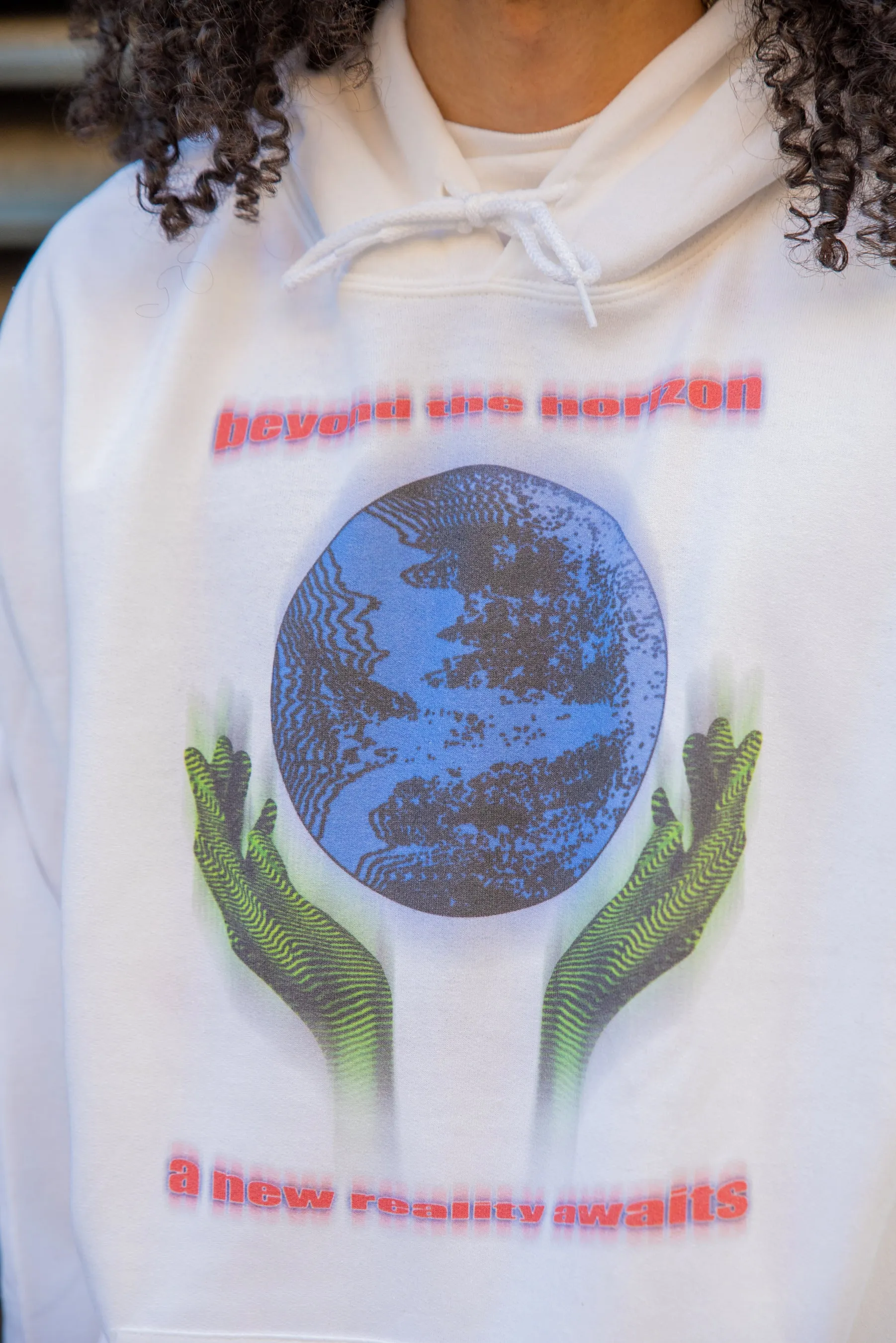 Hoodie in White with Beyond The Horizon Print