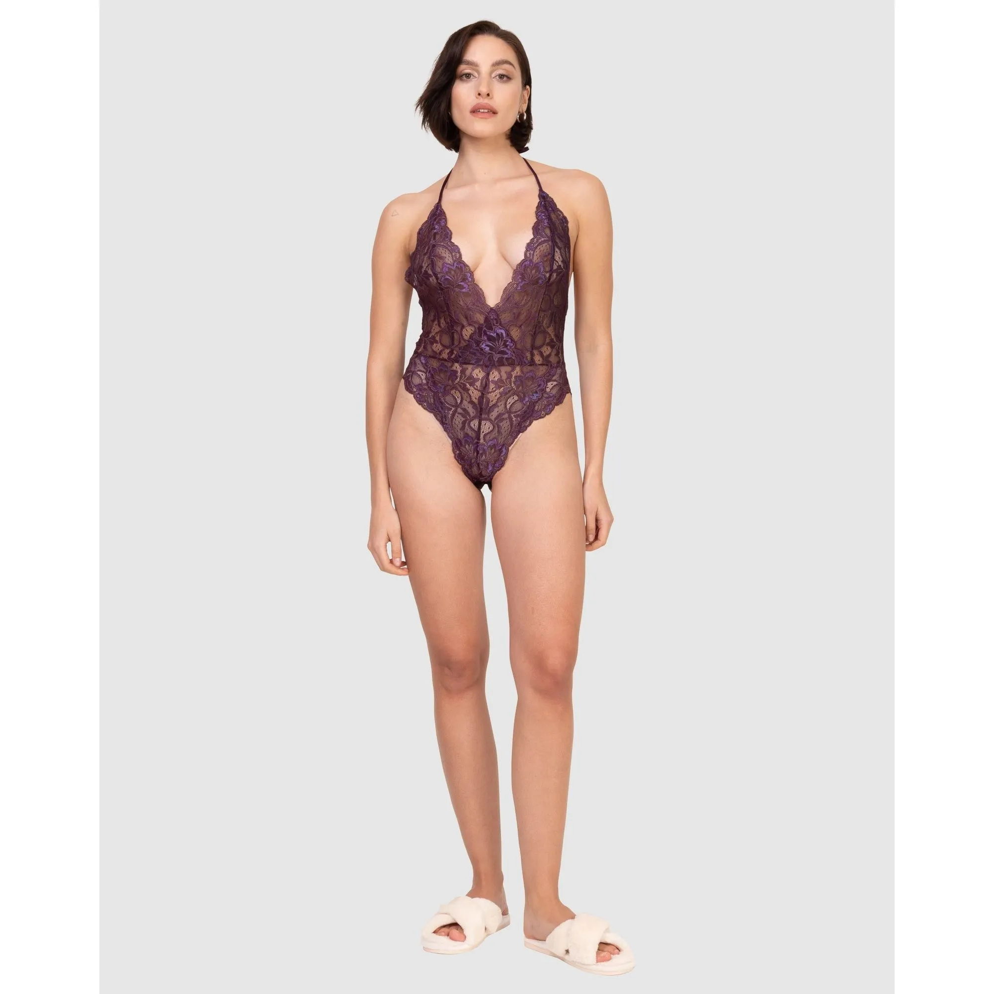 Lace High Leg Halter Lingerie Bodysuit-Plum