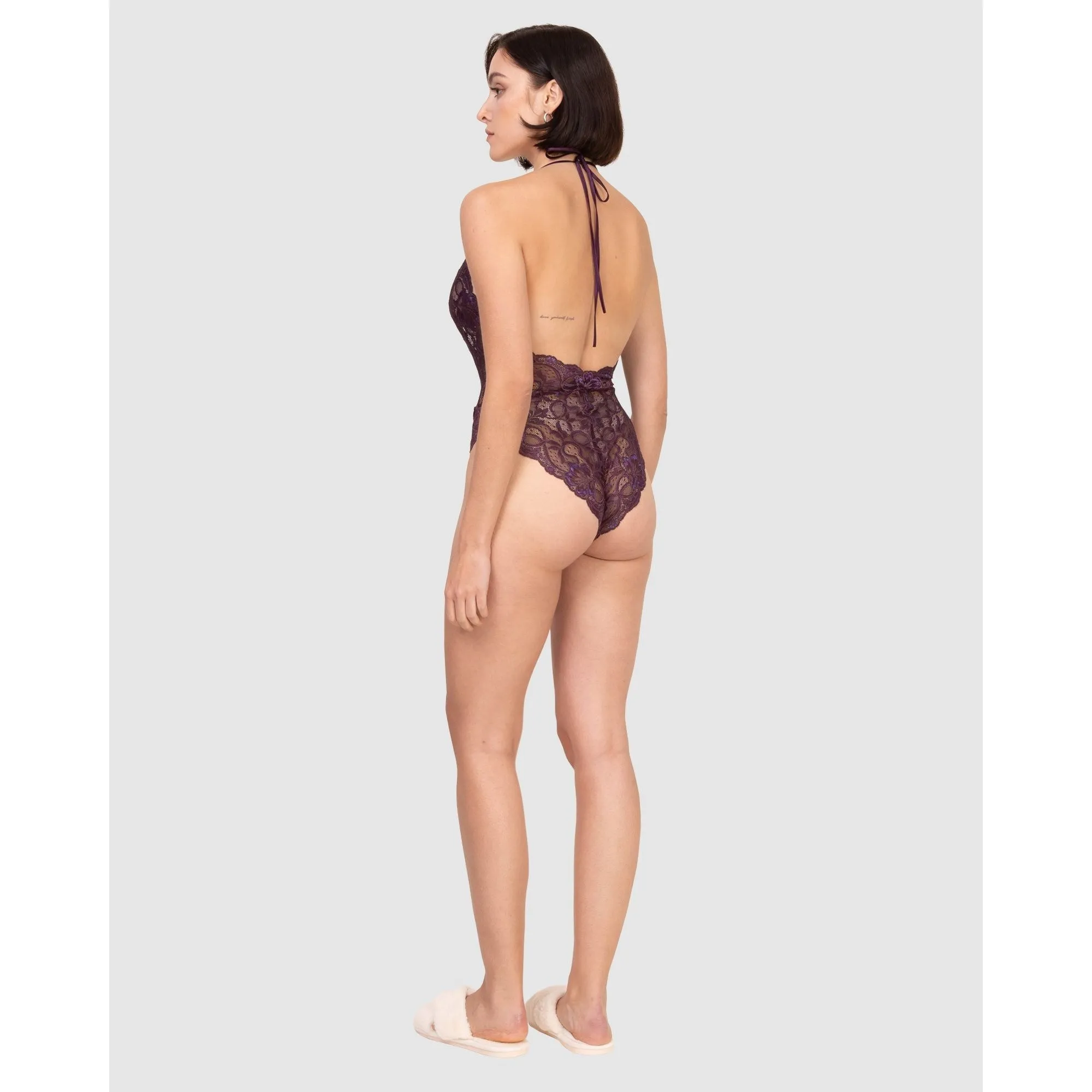 Lace High Leg Halter Lingerie Bodysuit-Plum
