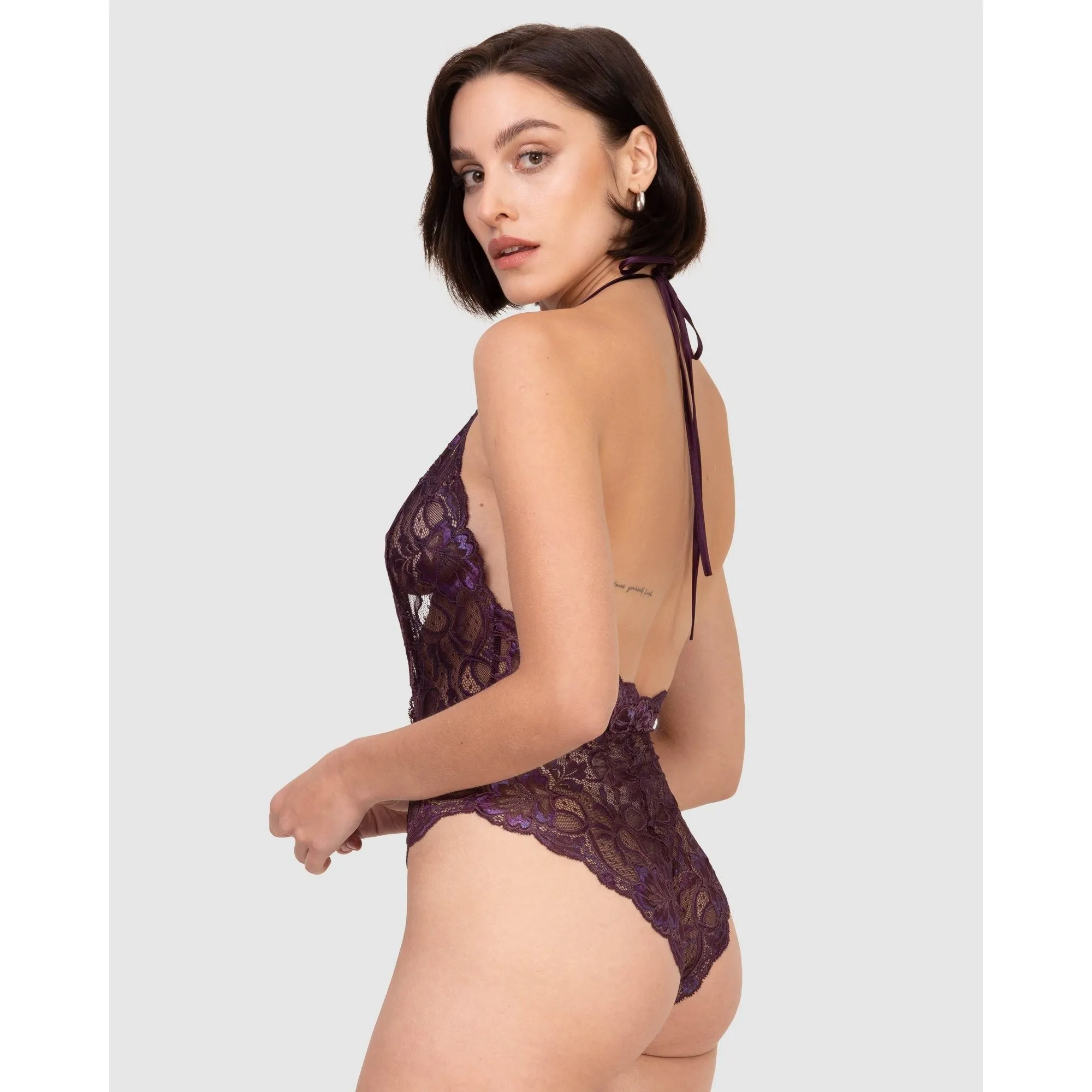 Lace High Leg Halter Lingerie Bodysuit-Plum