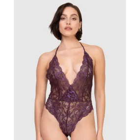 Lace High Leg Halter Lingerie Bodysuit-Plum