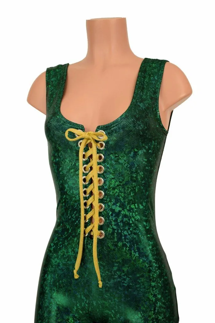 Lace Up Green Holographic Catsuit