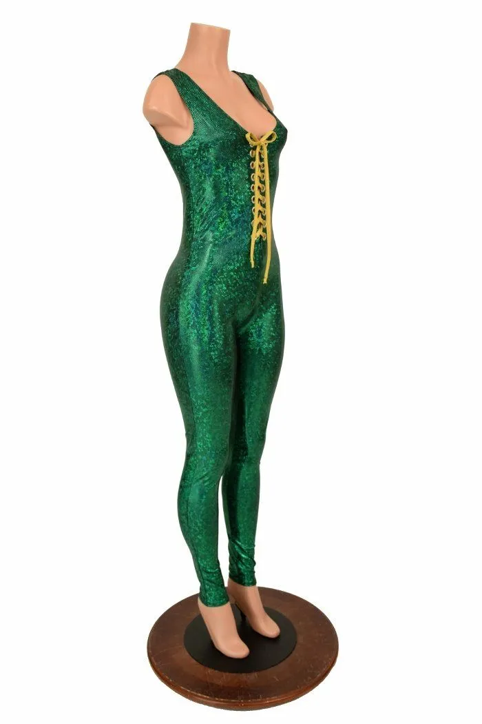 Lace Up Green Holographic Catsuit
