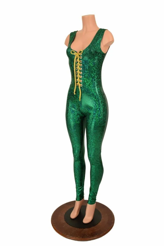Lace Up Green Holographic Catsuit