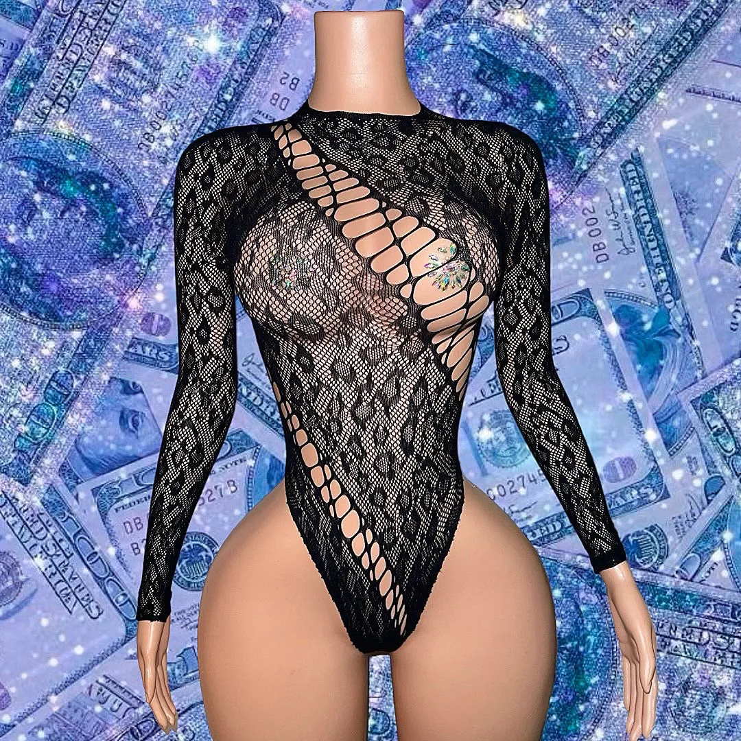 LaTaina — Long Sleeve Cheetah Fishnet Bodysuit Optional Rhinestones Fits XS-L