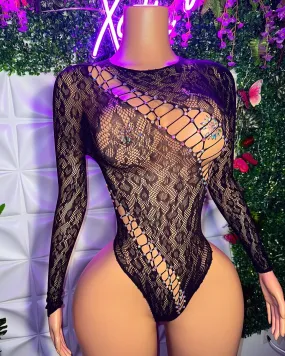 LaTaina — Long Sleeve Cheetah Fishnet Bodysuit Optional Rhinestones Fits XS-L