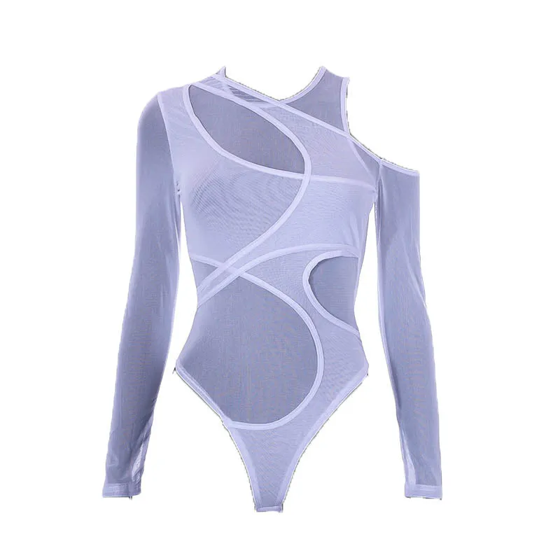 Long sleeve off shoulder irregular sheer mesh bodysuit